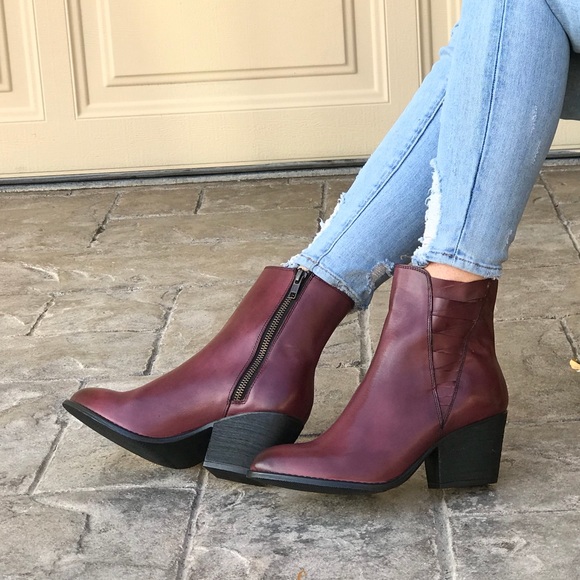 Burgundy Genuine Leather Woven Pointy Ankle Boots - Picture 4 of 8